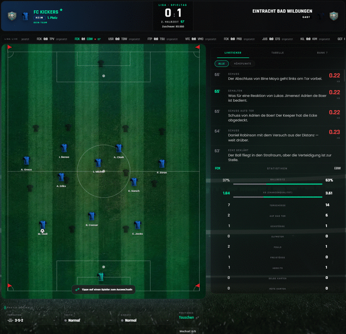 Kickerscup: Neues Livespiel bringt TV-Feeling in den Fußballmanager.