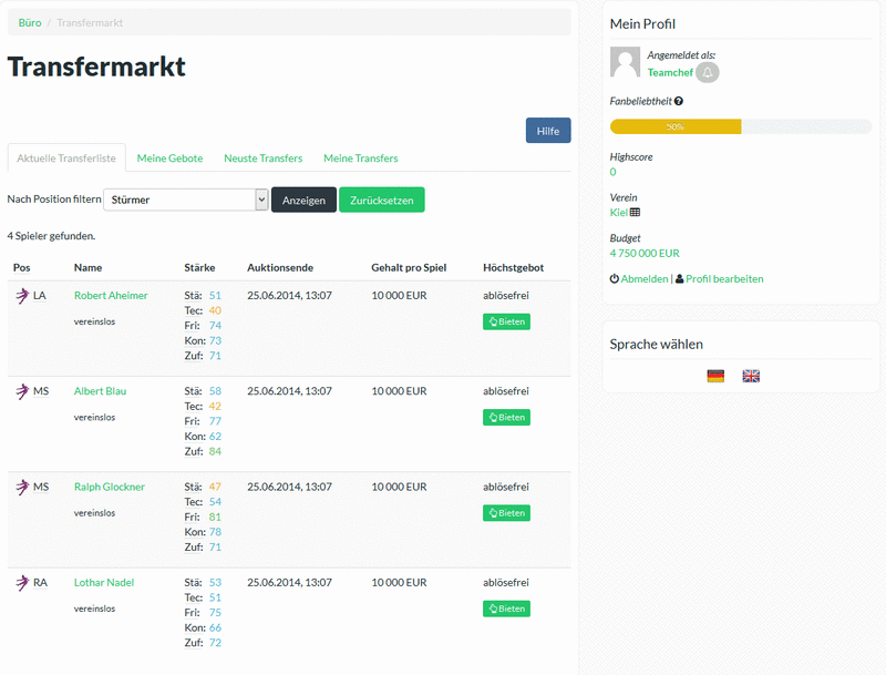 Screenshot OnlineFussball.club Manager